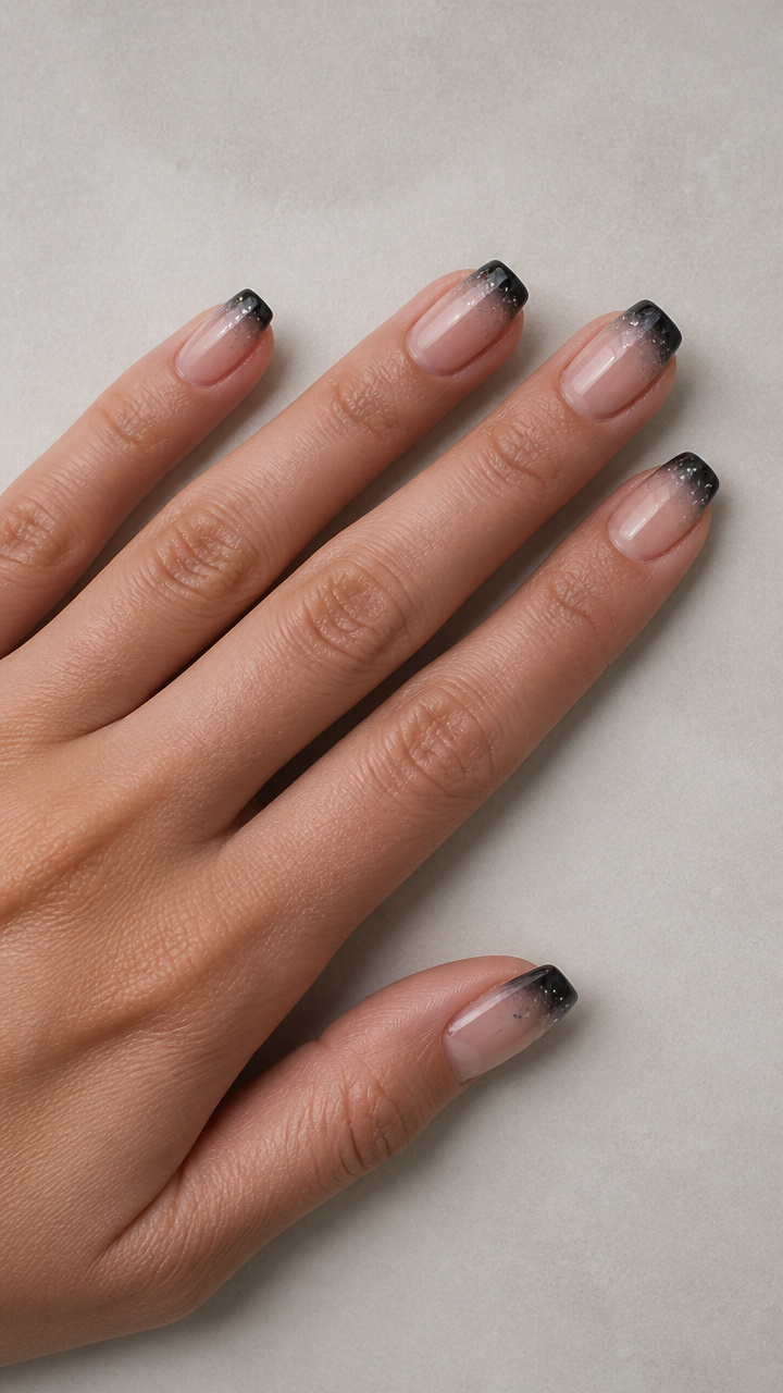 Ombre Black-to-Grey Tips with Silver Star Dust