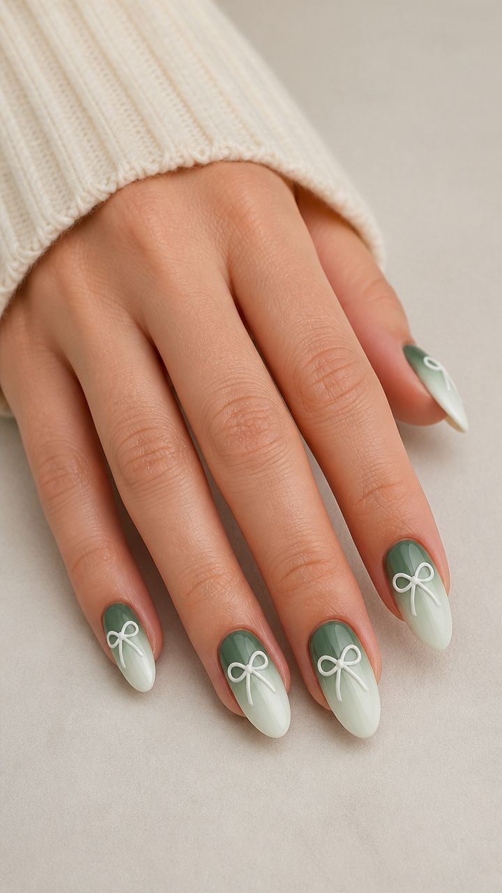 Ombre Green to White Nails with Matte White Bows on Glossy Base