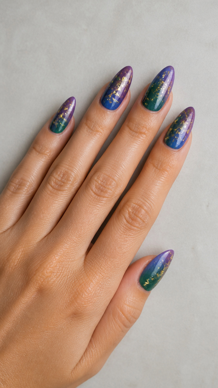 Ombre Violet and Emerald Almond Nails with Gold Leaf Flecks