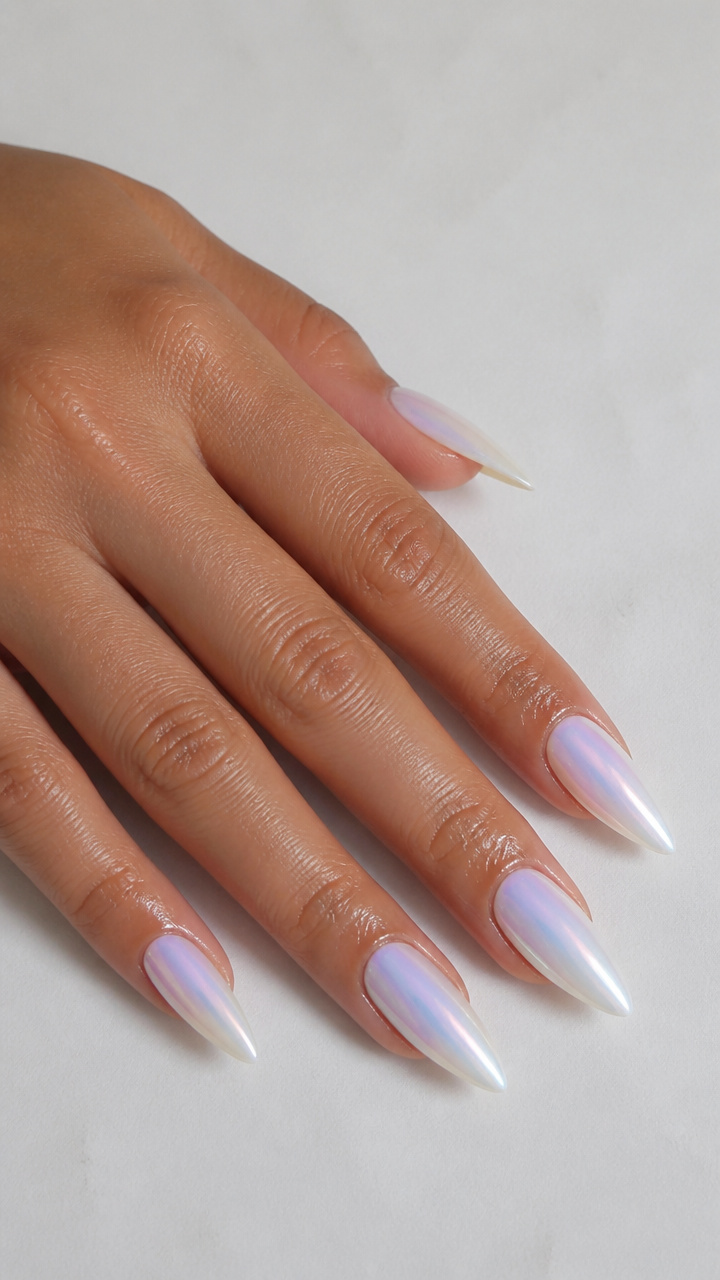 Opalescent White Stiletto Nails