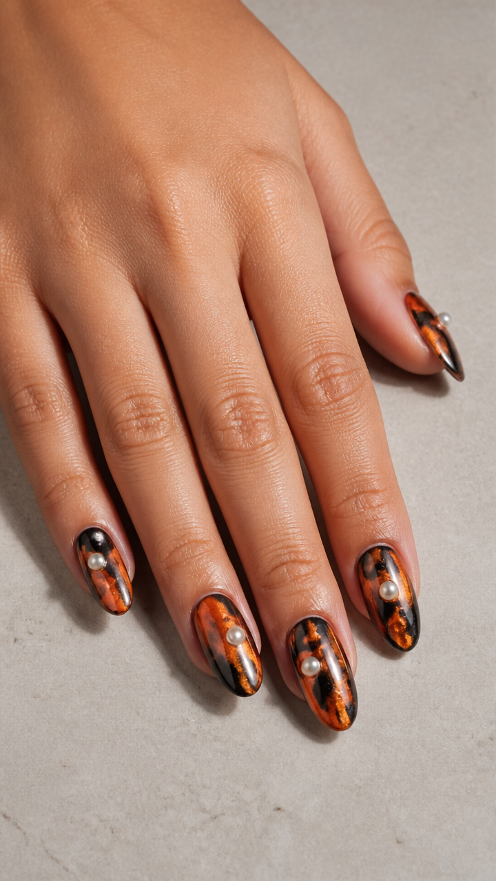 Orange and Black Marbled Chrome Nails with Pearl Accents