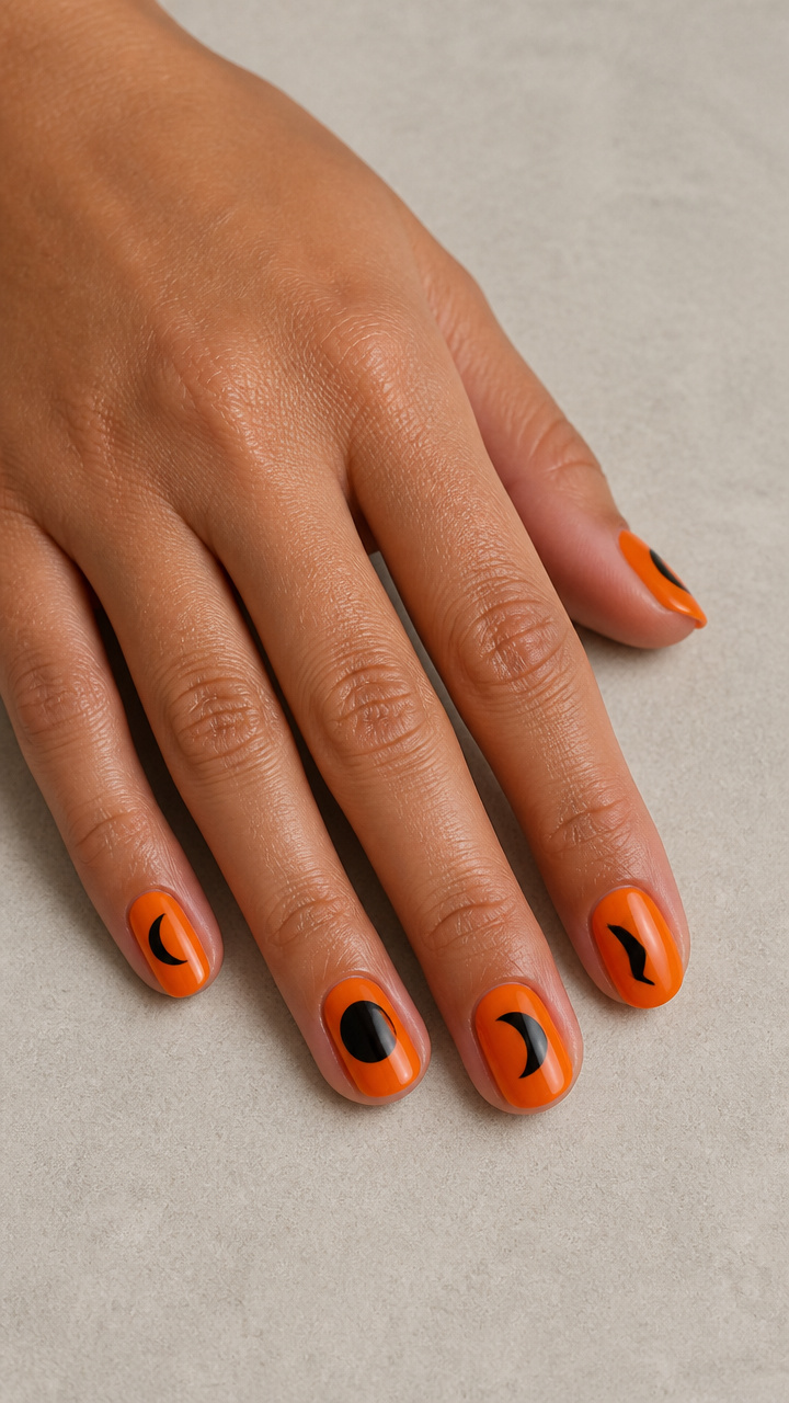 Orange Base with Black Negative Space Moon Phase Design