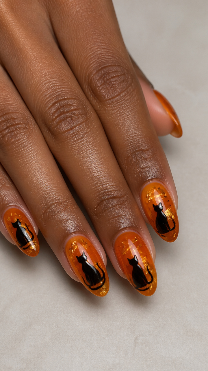 Orange Jelly Nails with Black Cat Silhouettes and Gold Foil