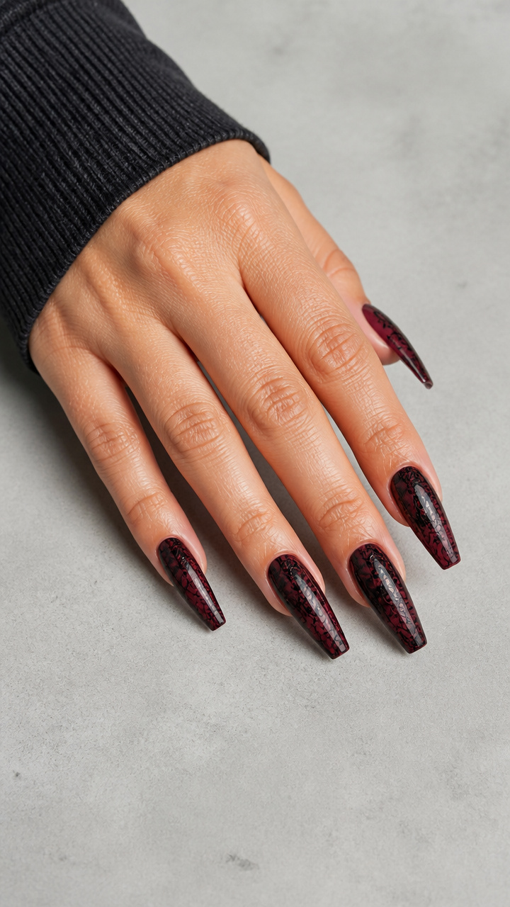 Oxblood Base with Black Lace Intrigue on Coffin Nails