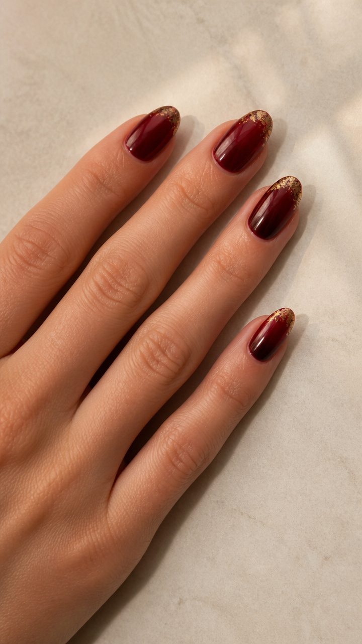 Oxblood Red Ombré with Gold Flake Tips