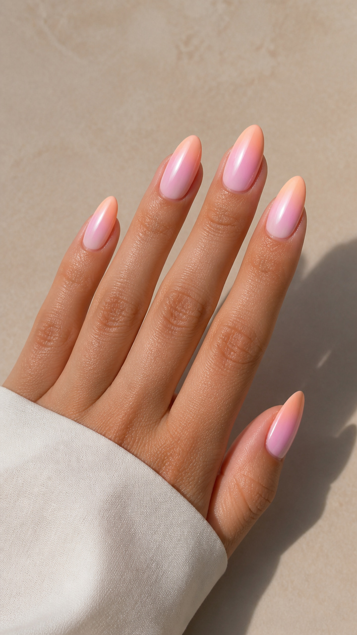 Peach and Pink Ombre Aura on Long Almonds
