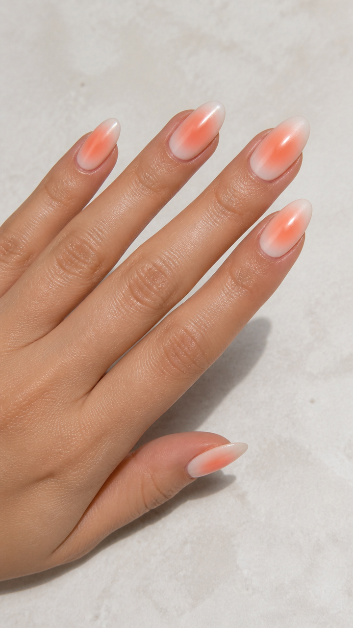 Peach Sunrise Aura on Almond Nails