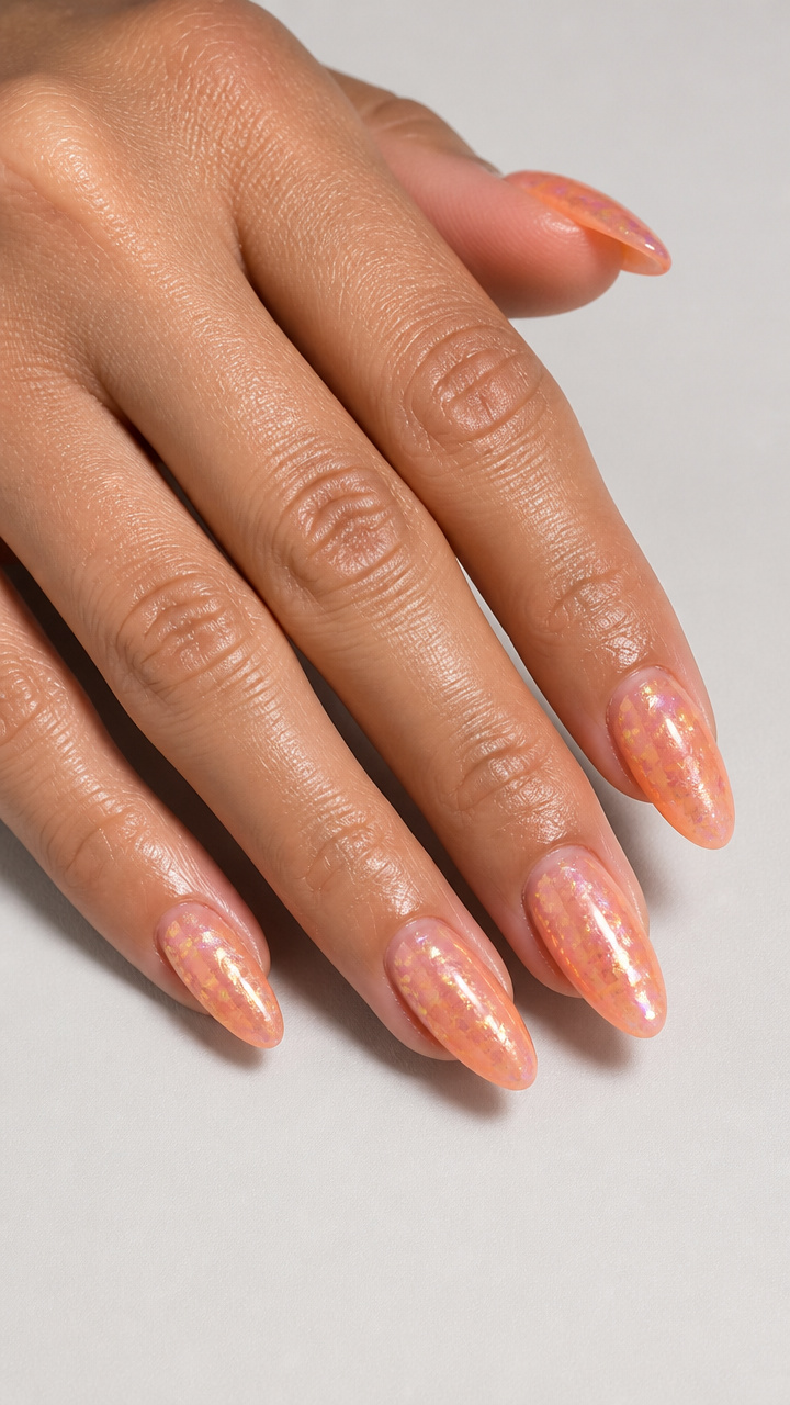 Peachy Apricot Almond Nails with Iridescent Flake Overlay