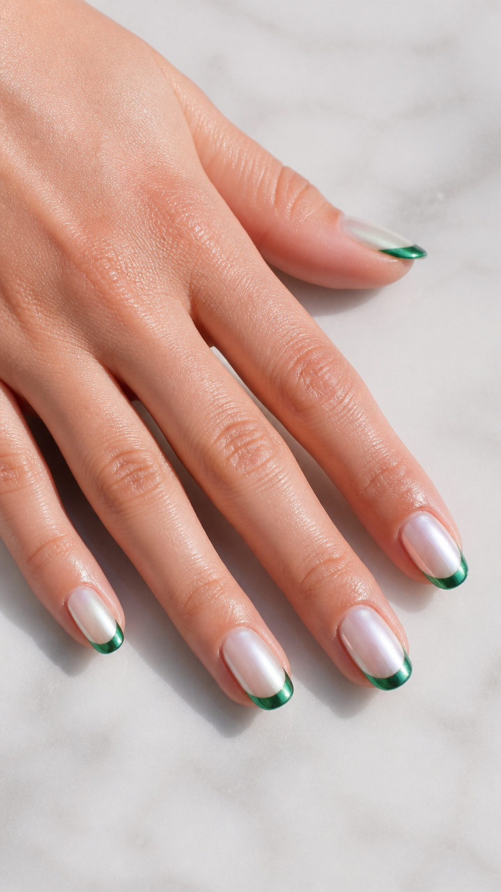Pearl White Chrome Baby Boomer with Emerald Chrome French Tips