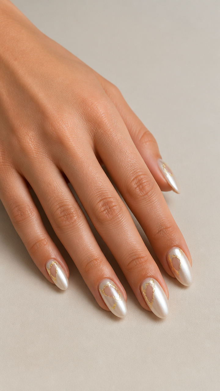 Pearl White Chrome Nails with Gold Leaf Negative Space Cutouts