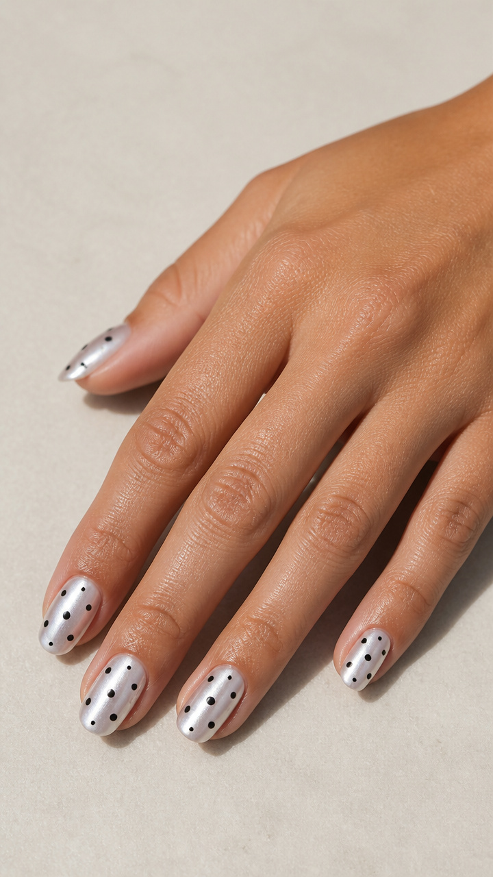 Pearl White Chrome Nails with Irregular Black Polka Dot Pattern