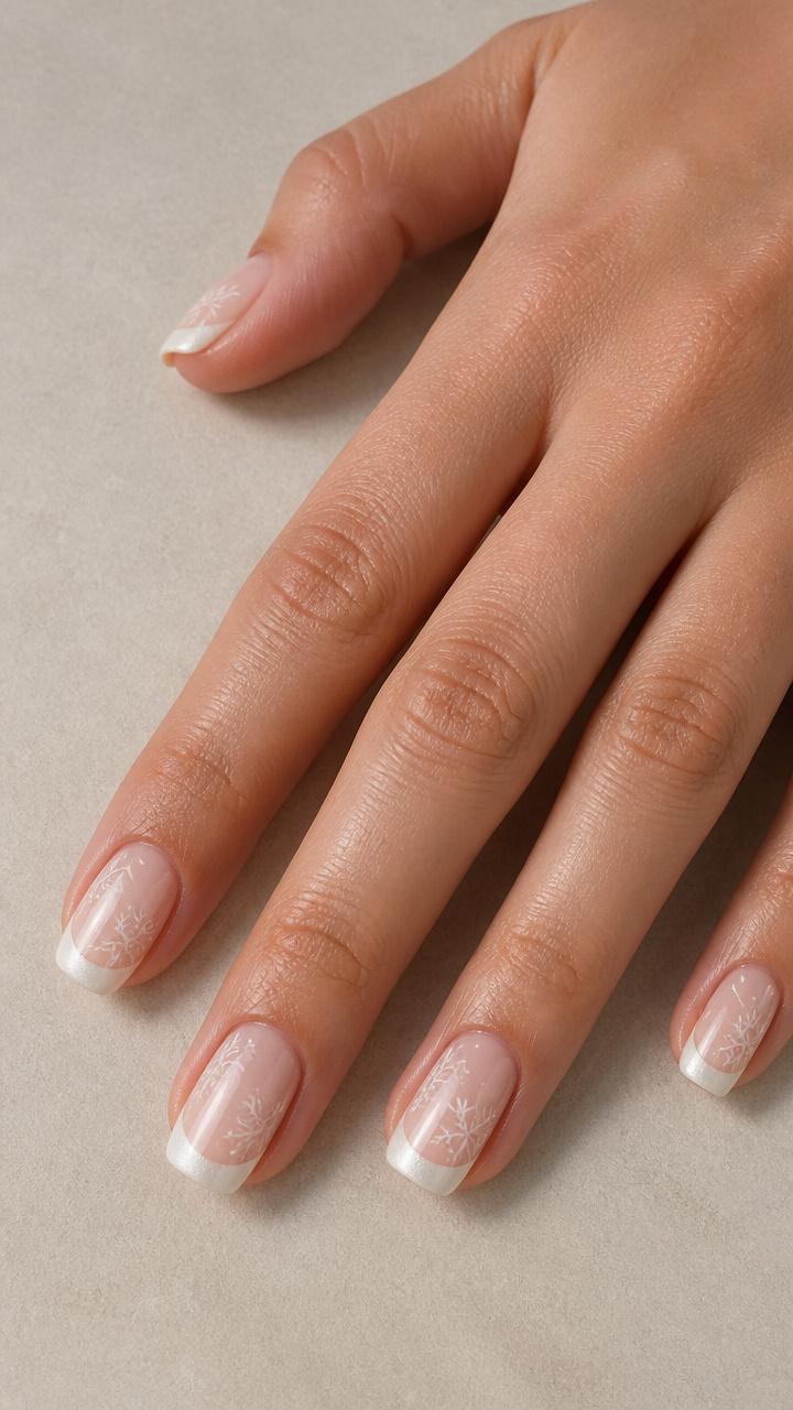 Pearl White French Tips with Subtle Snowflake Stamping