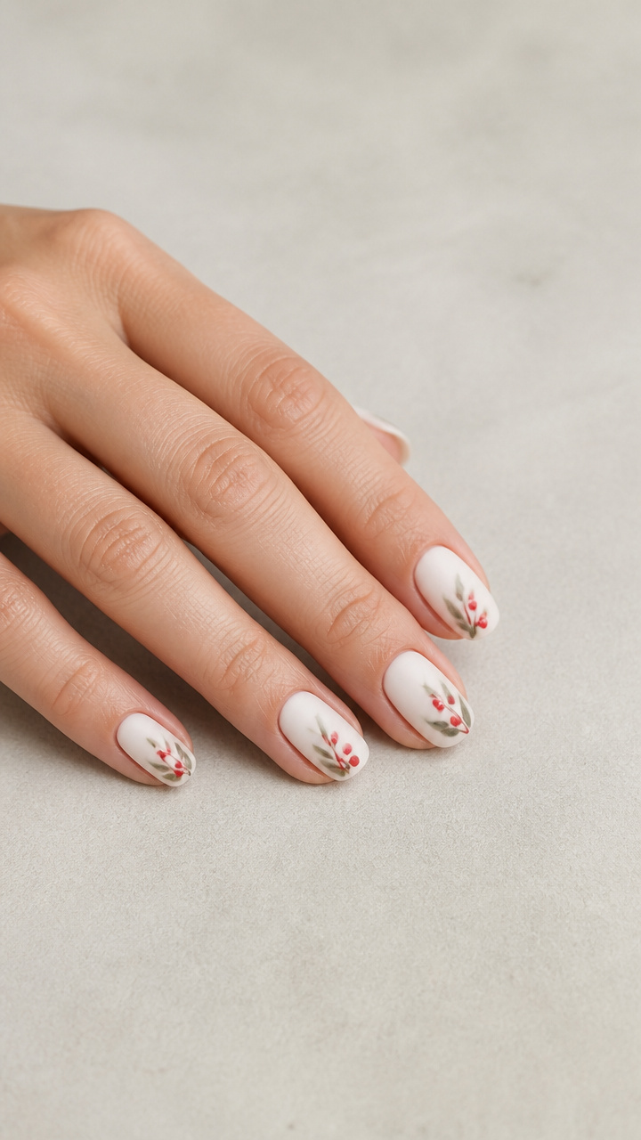 Pearl White Matte Round Nails with Red Berry Watercolor Blooms