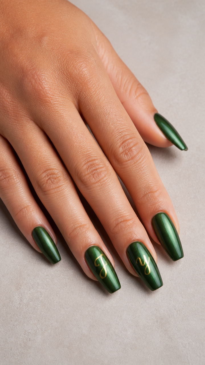Pearlescent Green Ballerina Nails with Gold Script Lettering