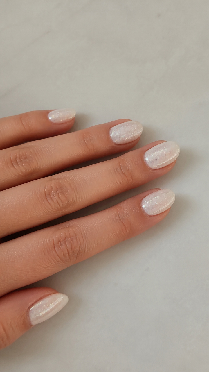 Pearlescent White Nails with Subtle Holographic Flake