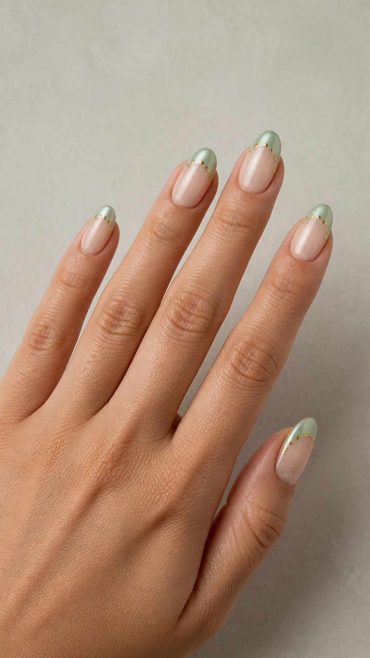 Pearlized Mint Green French Tips with Gold Dots