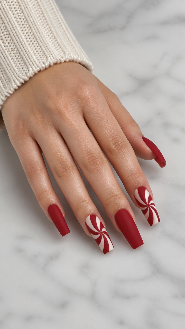 Peppermint Swirl Coffin Nails with Matte Red Base