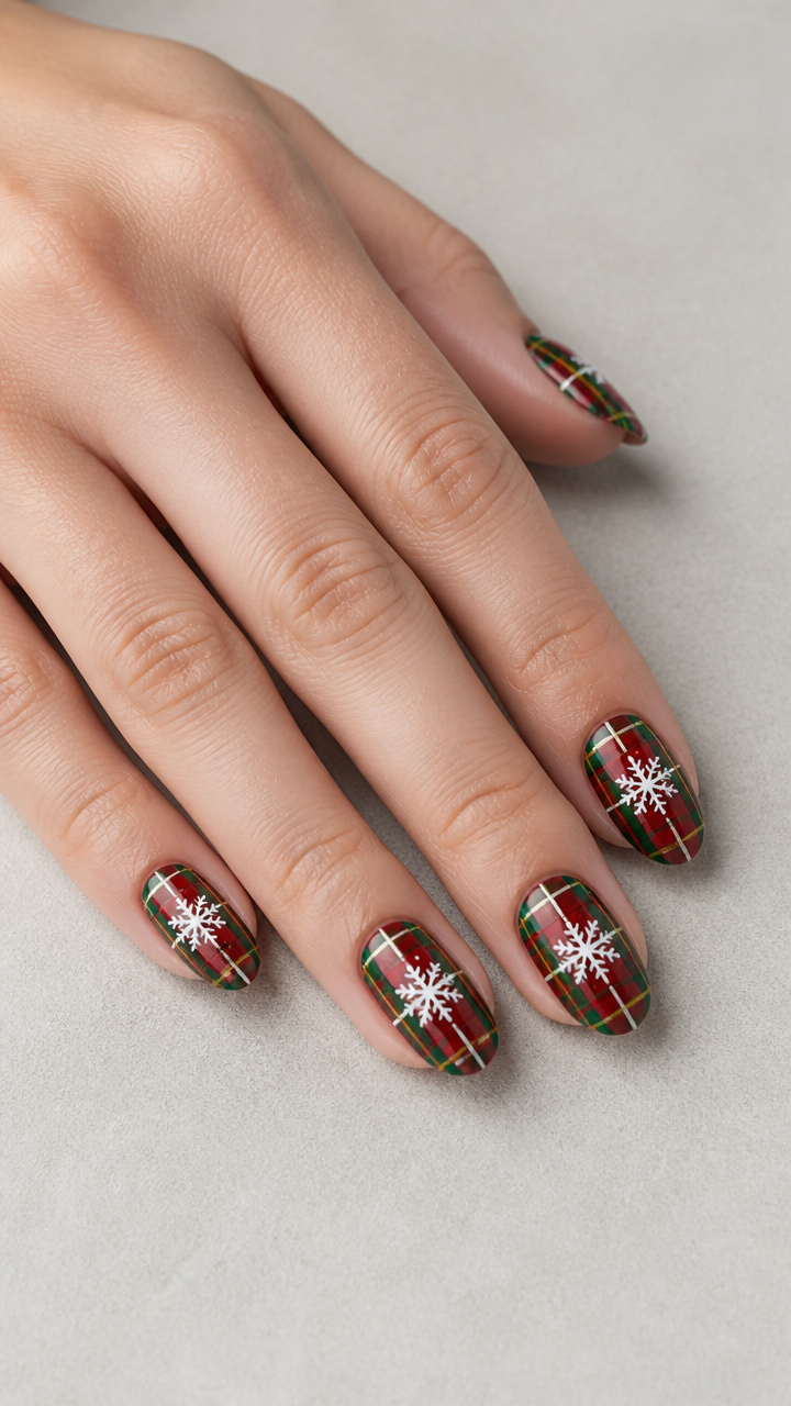 Plaid Check Pattern in Red and Green with Center Snowflake Motif