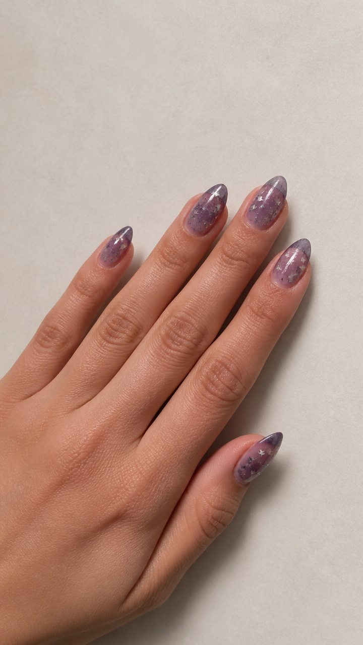 Purple Haze with Silver Star Confetti on Almond Tips