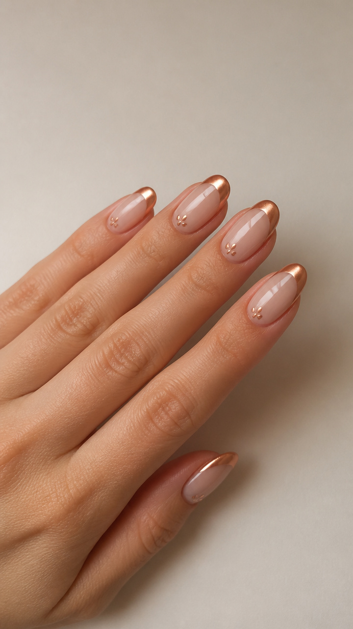Radiant Rose Gold Chrome French Tips with Pumpkin Seed Accents