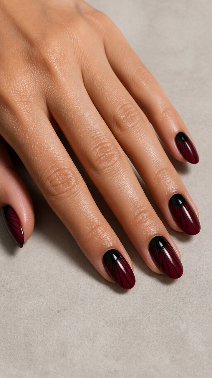 Radiating Burgundy Sunburst Lines from Black Cuticle