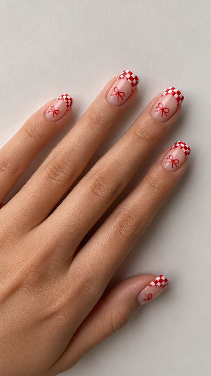 Red and White Checkerboard Tips with Center Ribbon Bows