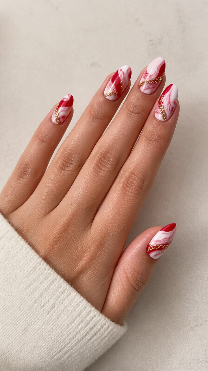 Red and White Marble Effect with Gold Chain Details