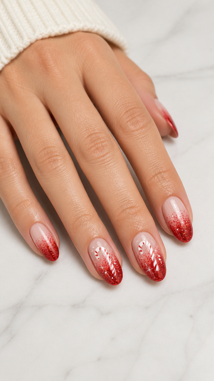 Red Glitter Fade with White Candy Cane Accents on Oval Nails