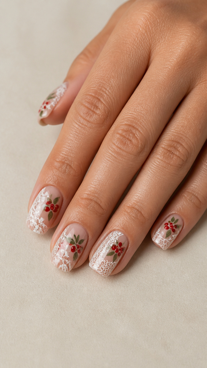 Red Holly Berry Florals with White Lace Overlay