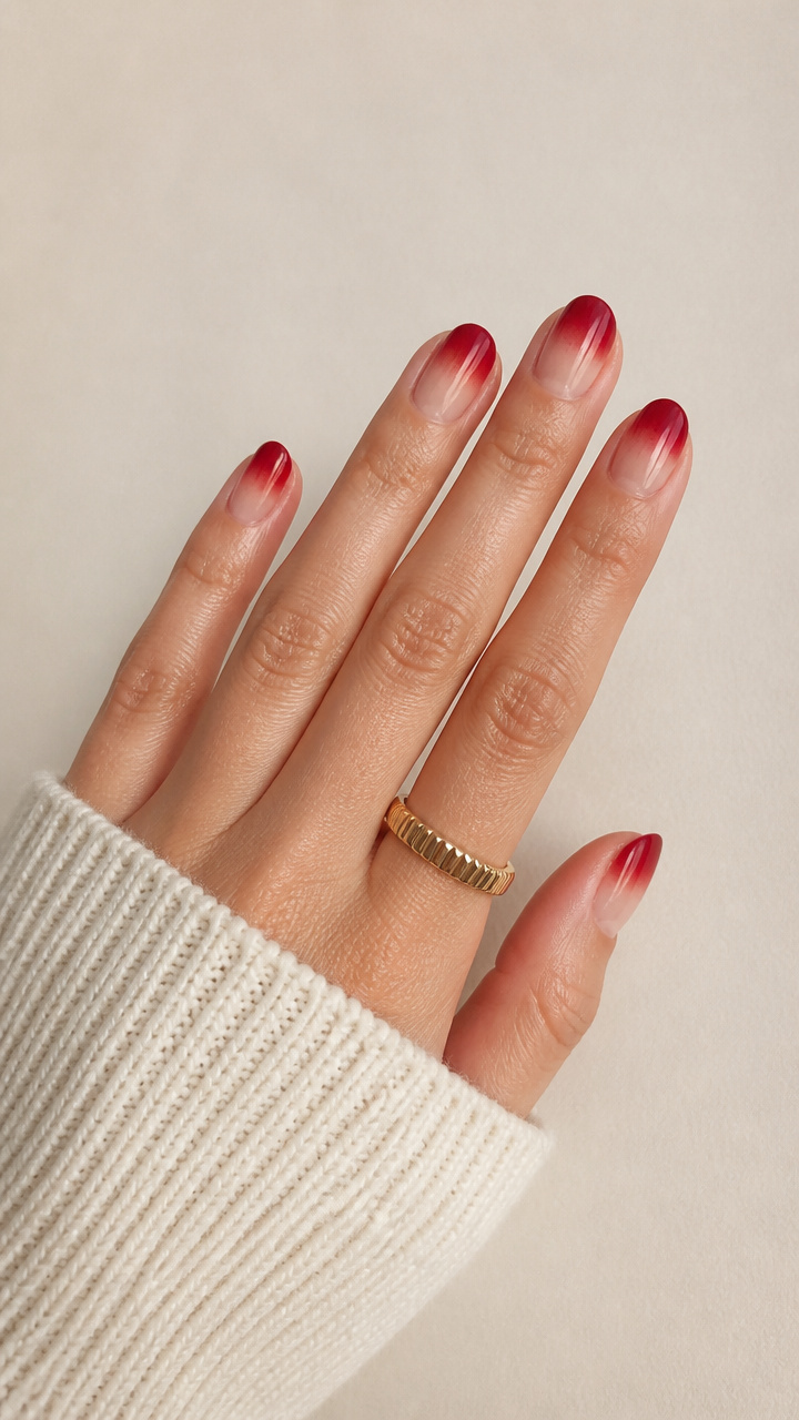 Red to Nude Ombré Fade on Rounded Tips