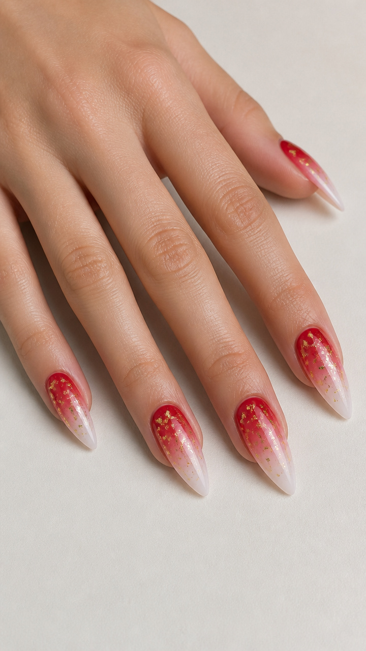 Red to White Ombré Stiletto Nails with Gold Foil Flakes