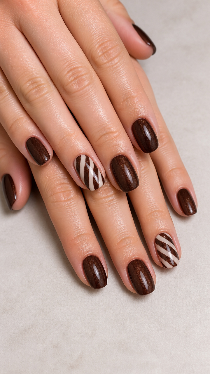 Rich Chocolate Velvet Nails with Candy Cane Swirls