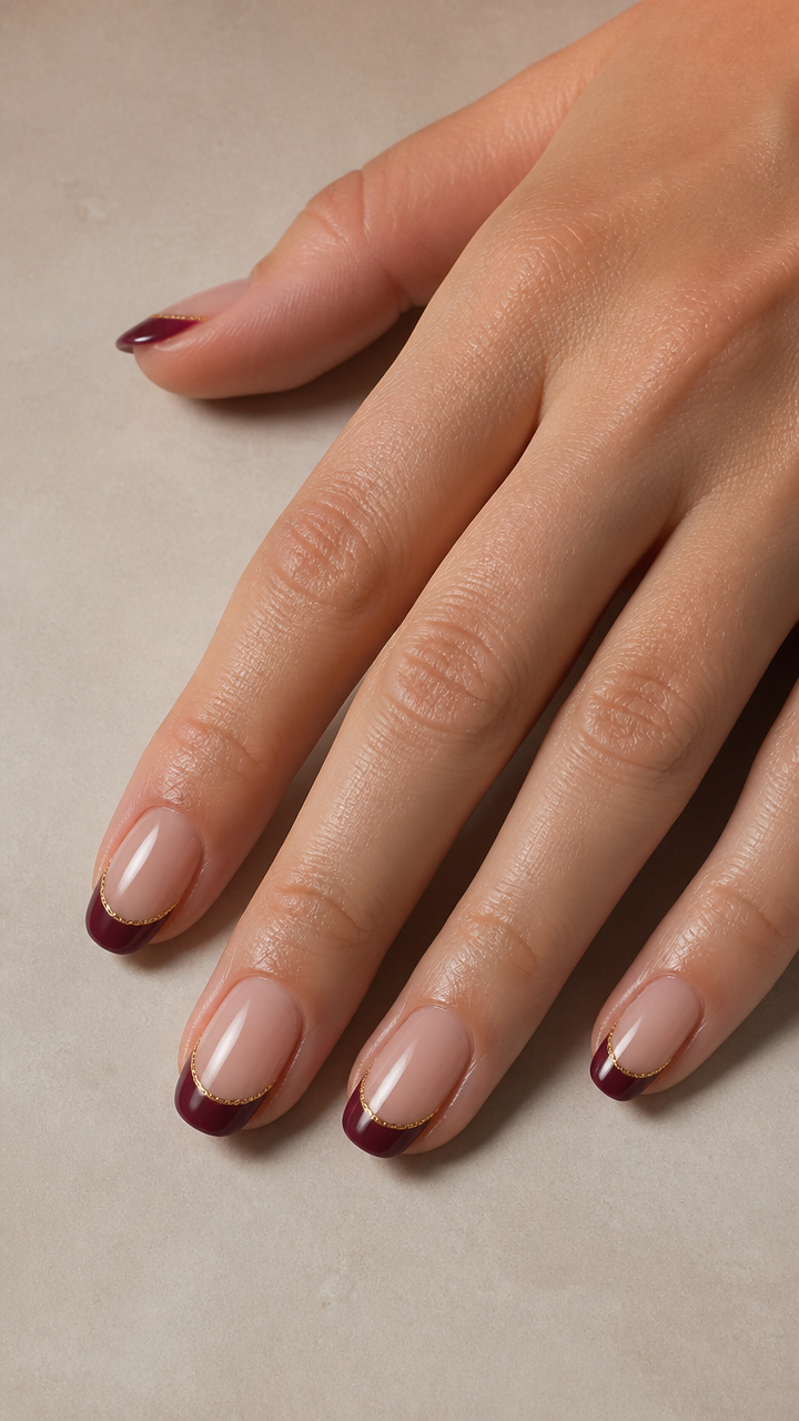 Rich Plum French Tips with Delicate Gold Chain Detail