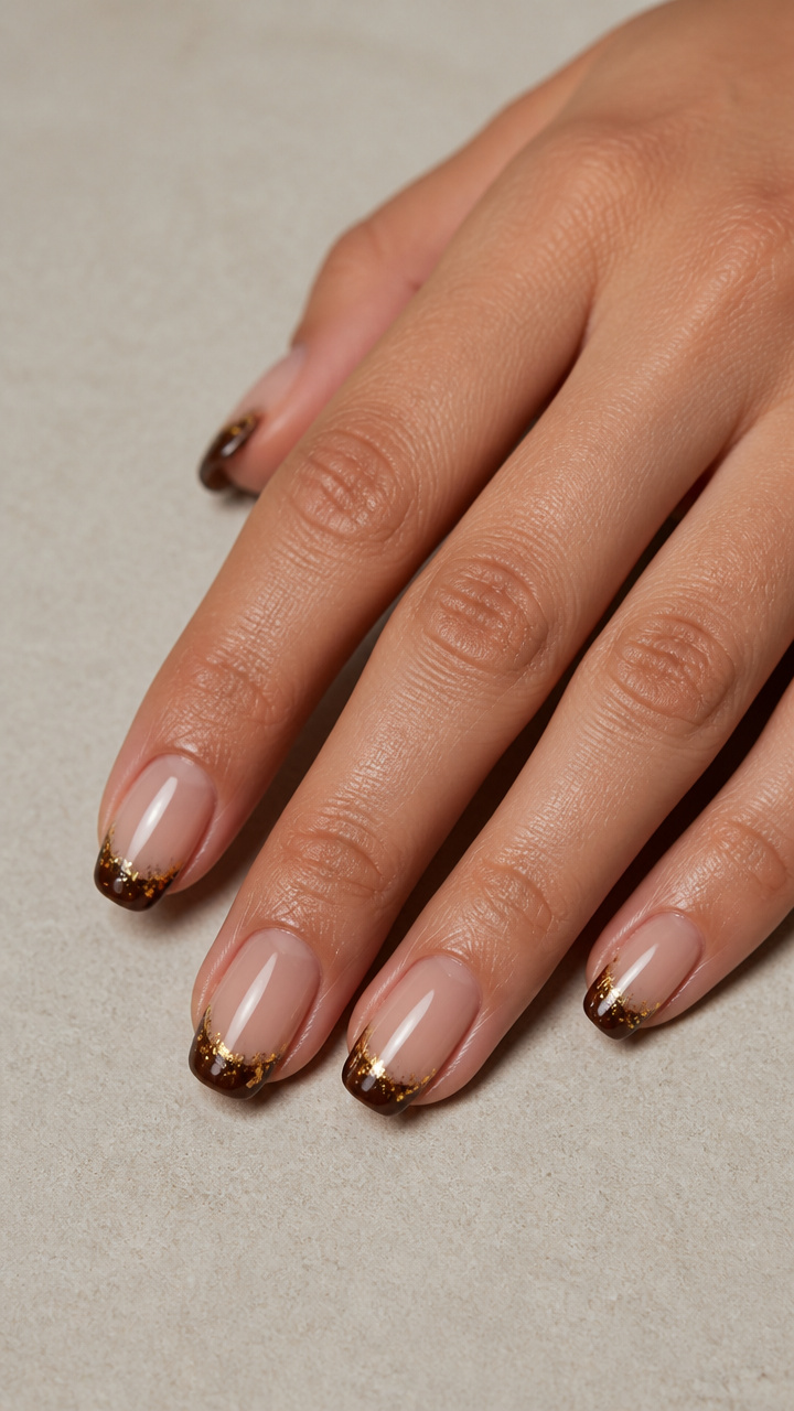 Rich Walnut Brown French Tips with Holographic Gold Flakes
