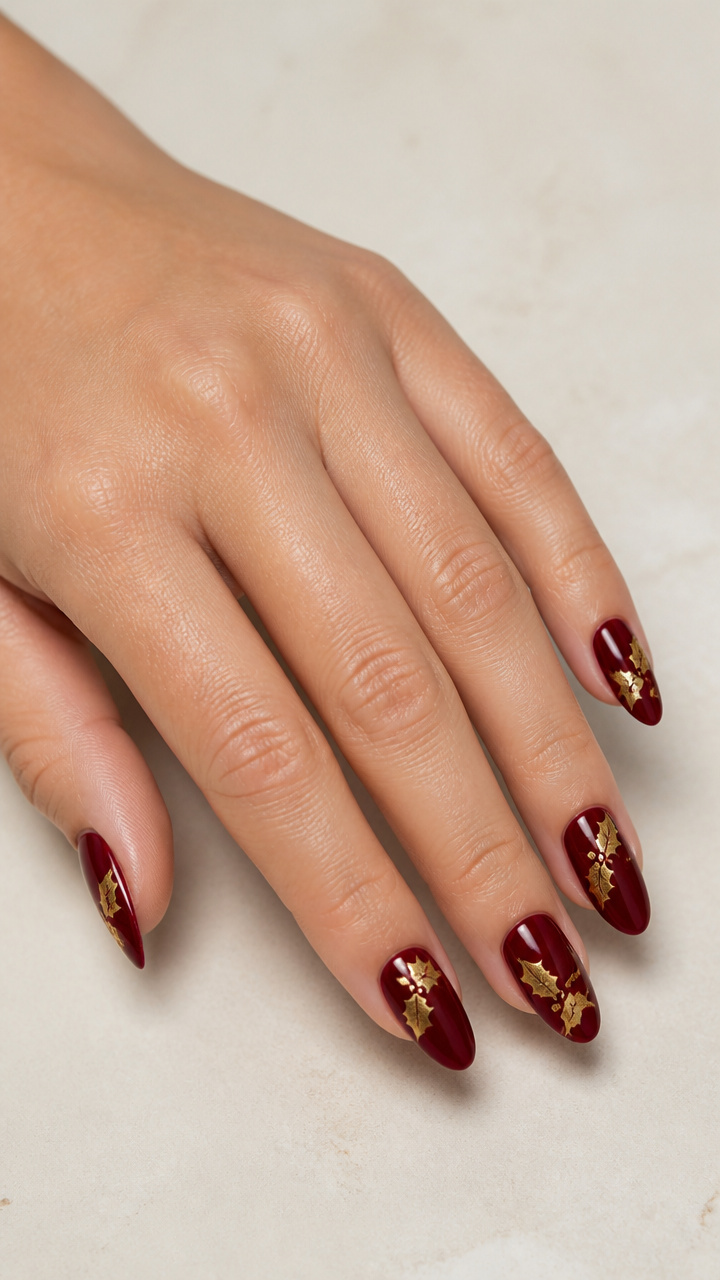 Rich Wine Red Base with Hand Painted Gold Holly Leaves
