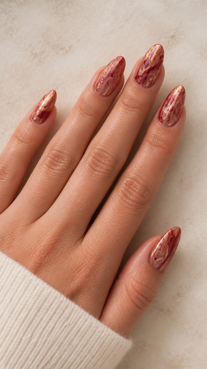 Rose Gold and Ruby Red Marble Effect on Almond Shapes