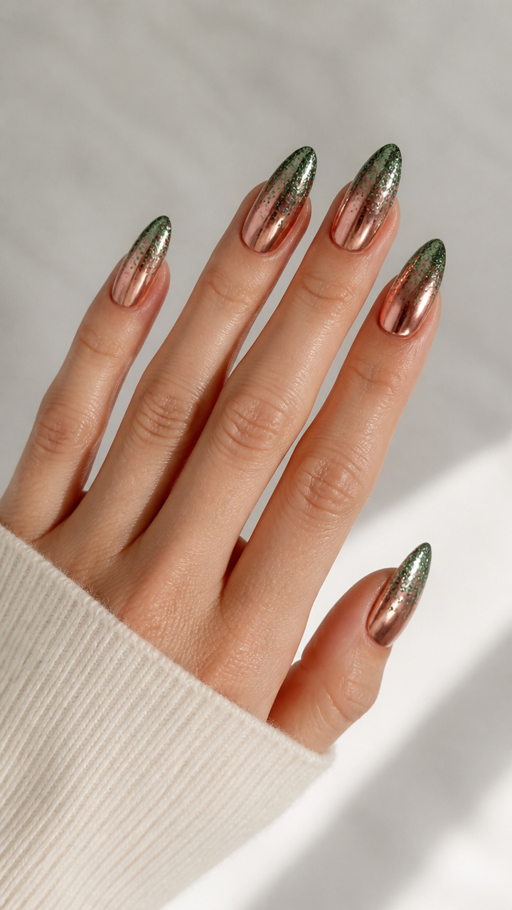 Rose Gold Chrome Almond Tips with Green Glitter Gradient