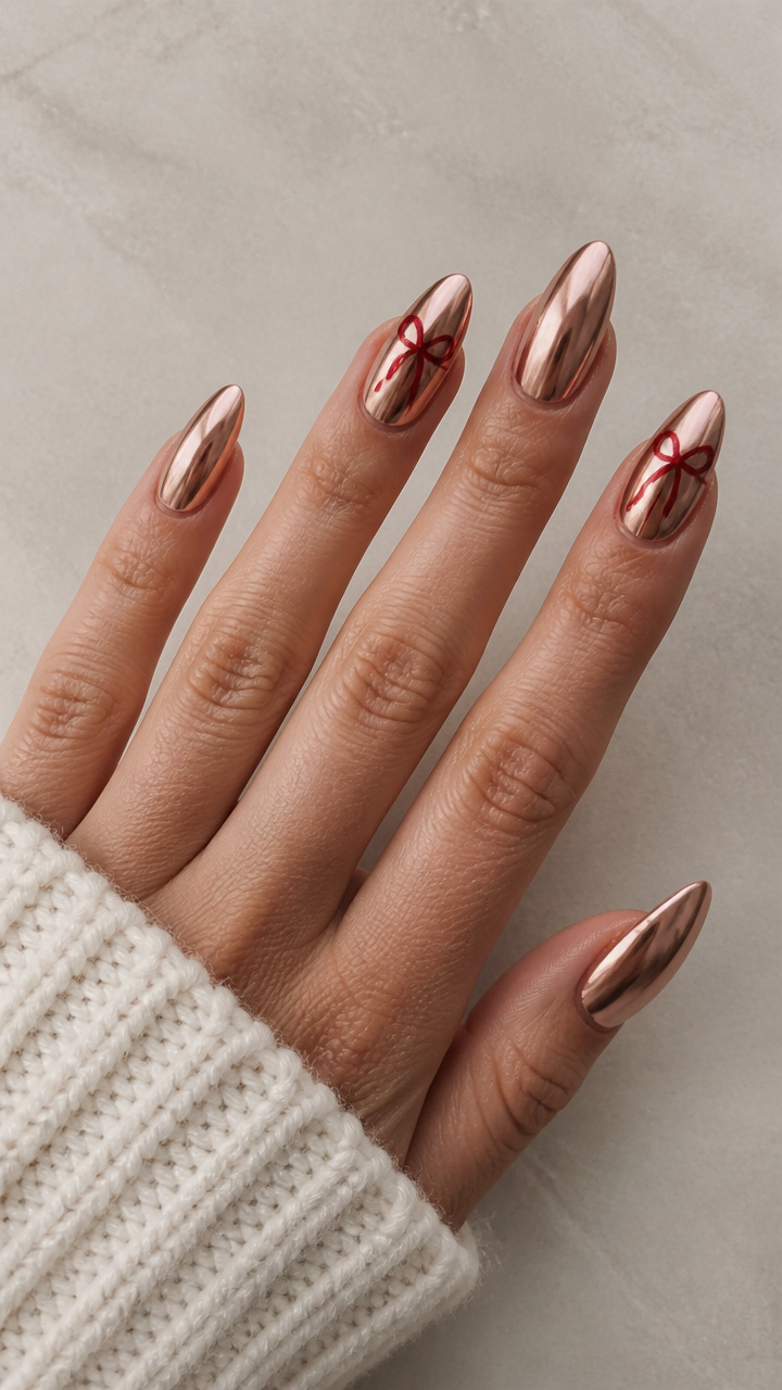 Rose Gold Chrome Nails with Dark Red Ribbon Accents