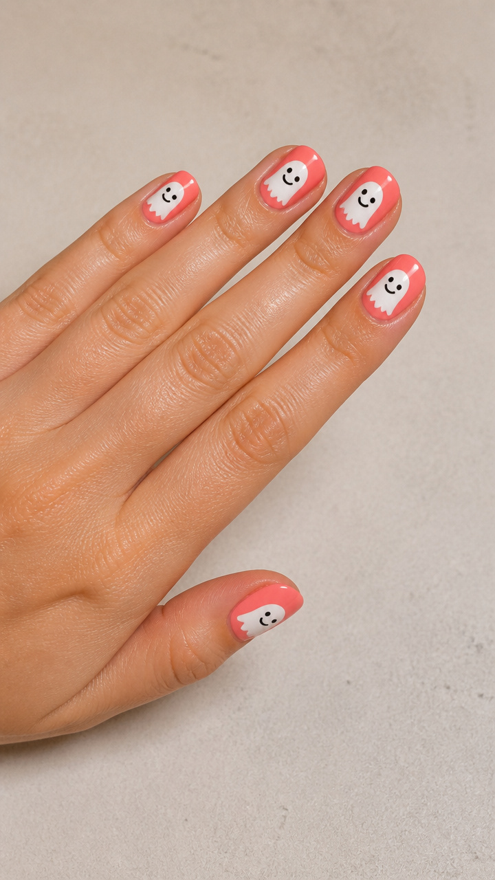 Round Smiley Face Ghosts on Coral Pink Base