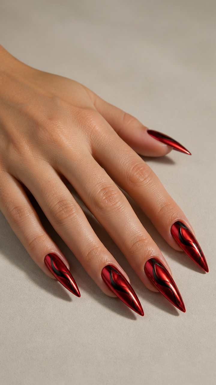 Ruby Red Chrome Stiletto Nails with Black Chrome Swirls