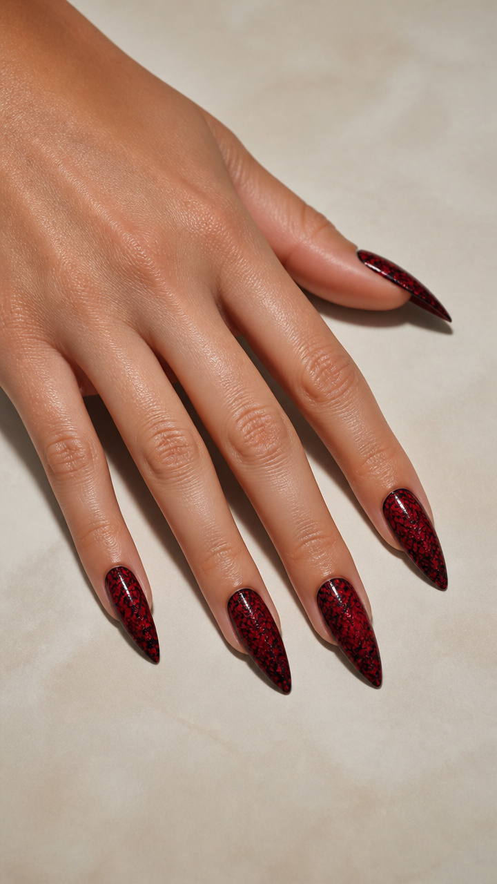 Ruby Red Stiletto Nails with Black Lace Overlay