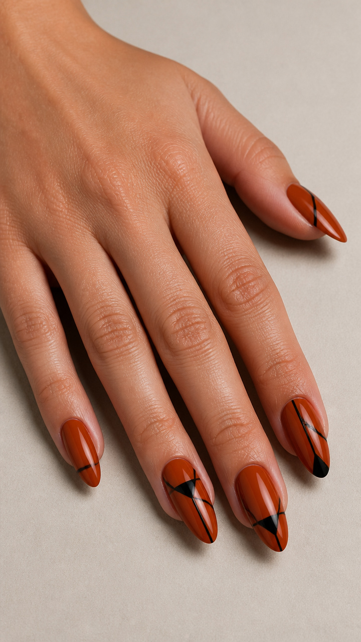 Rust Orange Almond Nails with Black Geometric Accents