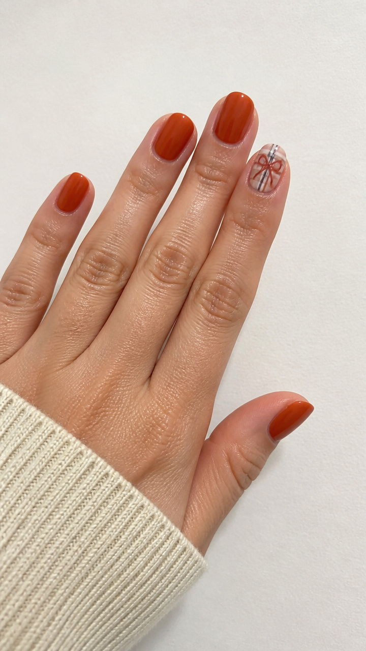 Rust Orange Base with Plaid Ribbon Accent Nail