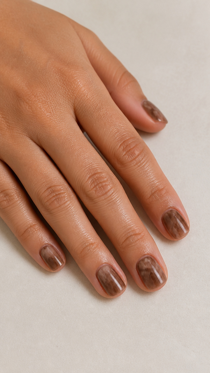 Rustic Brown Marble Effect on Short Squoval Nails