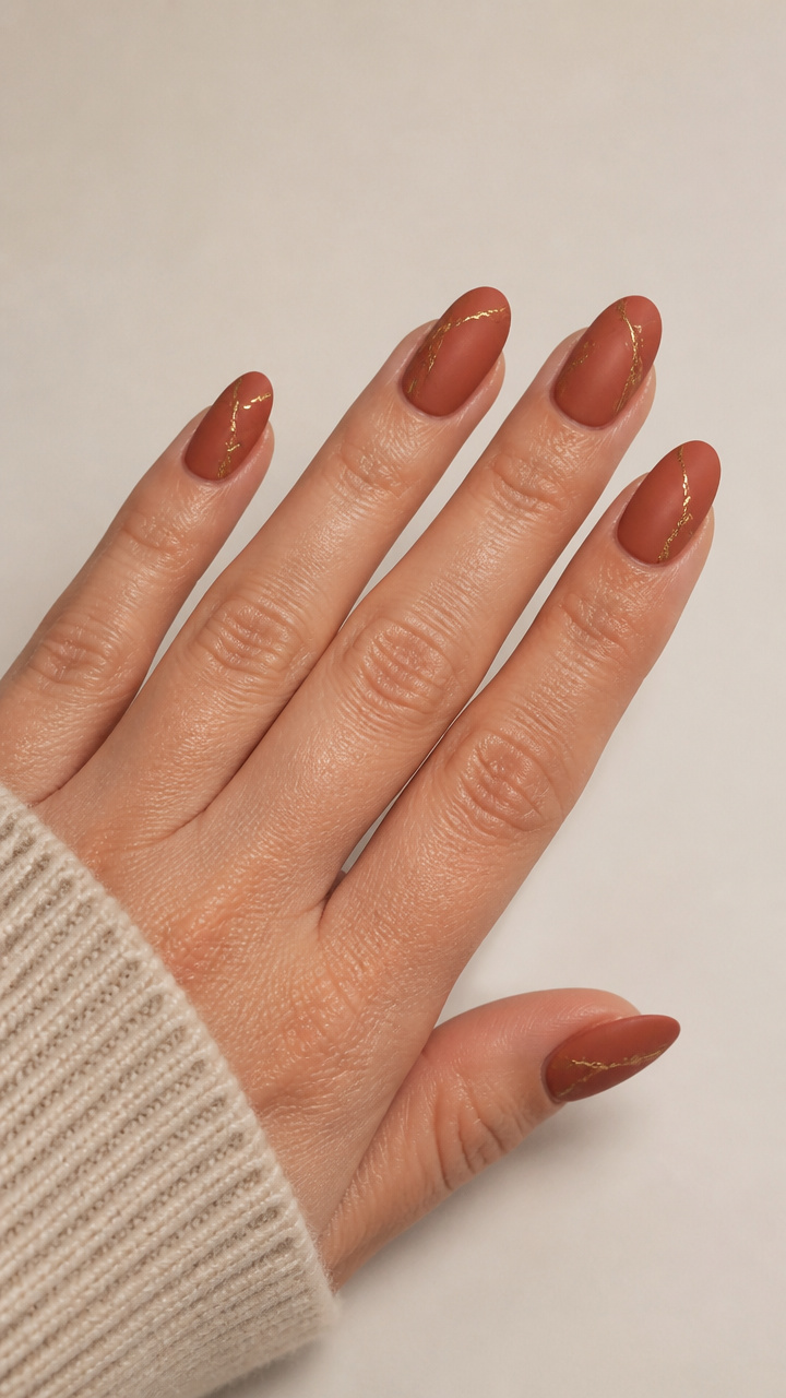 Rusty Terracotta Matte Nails with Delicate Gold Veining