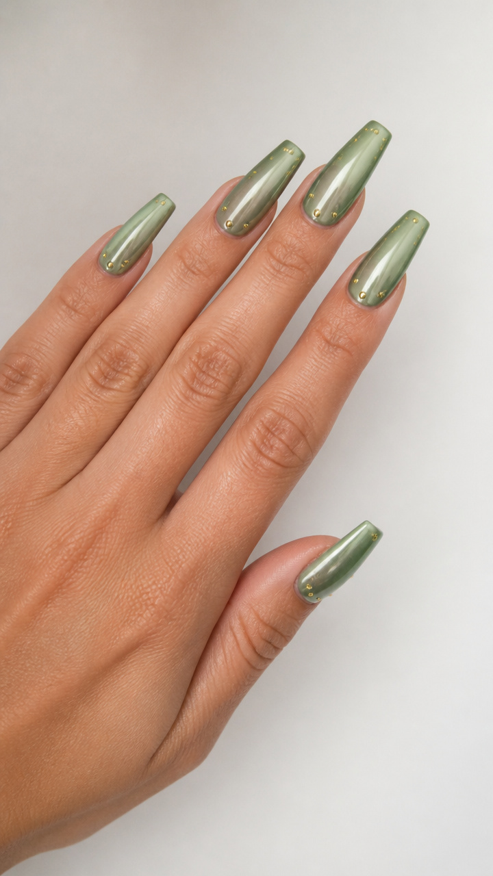 Sage Green Chrome Coffin Tips with Gold Dot Accents