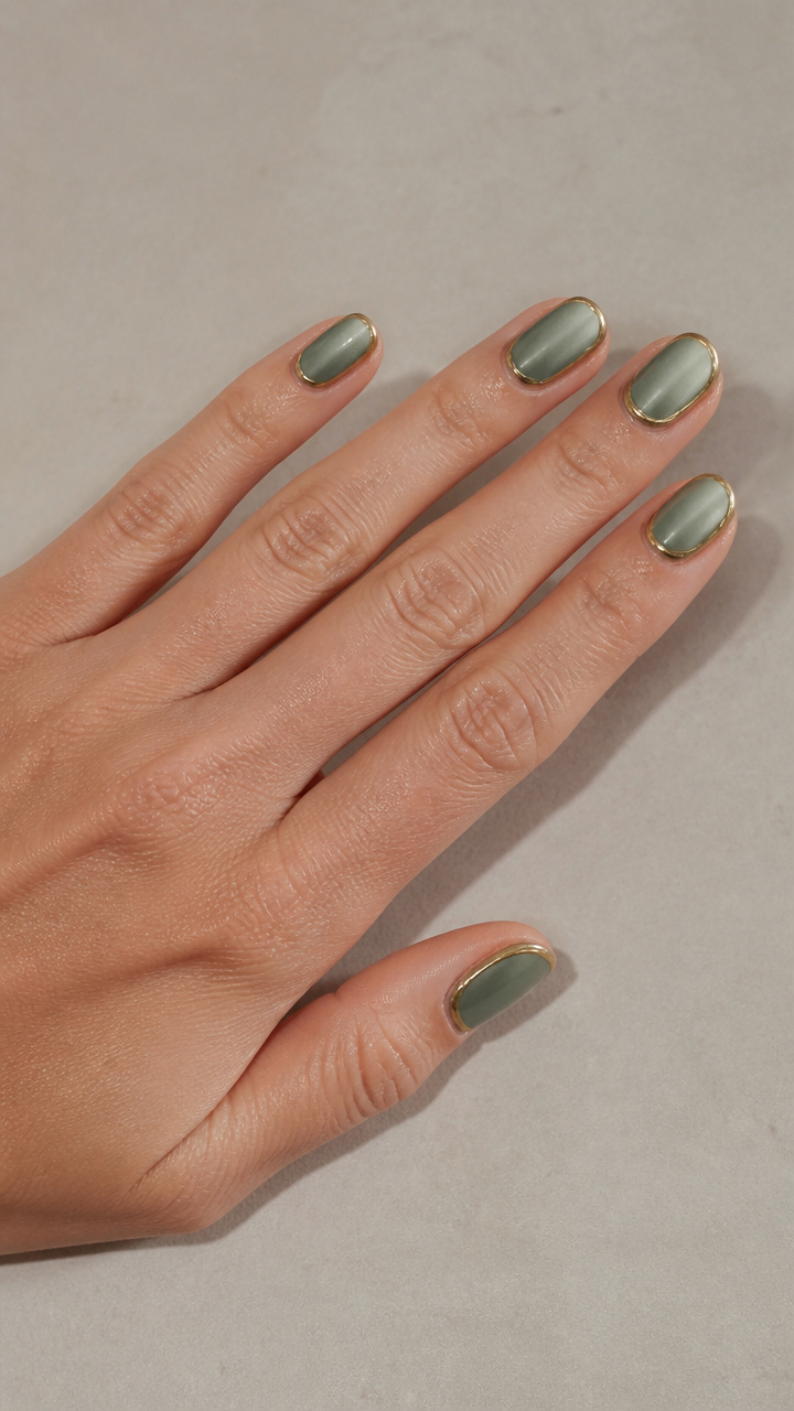 Sage Green Chrome Nails with Gold Trim