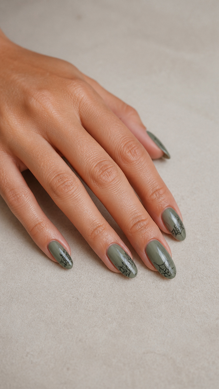 Sage Green Jelly Nails with Black Spider Web Accents