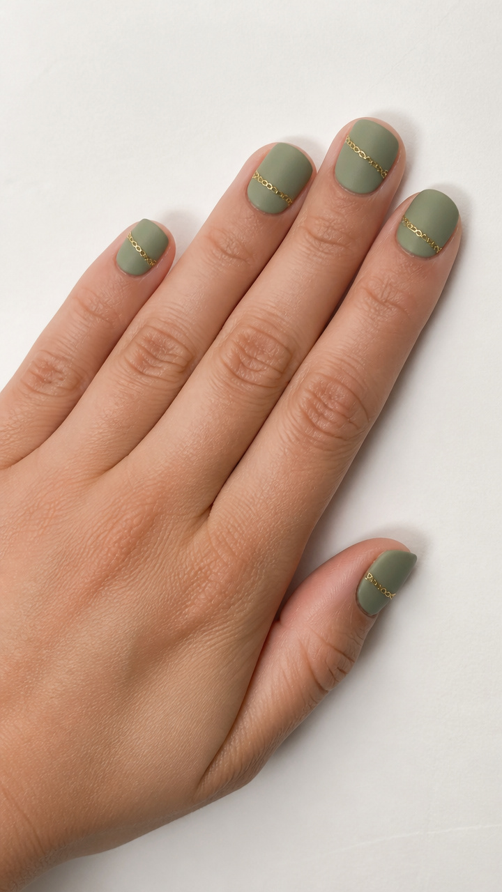 Sage Green Matte Nails with Gold Chain Decals