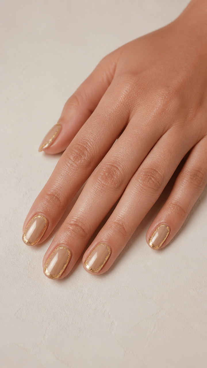 Sand Beige Chrome Nails with Gold Leaf Border Frames
